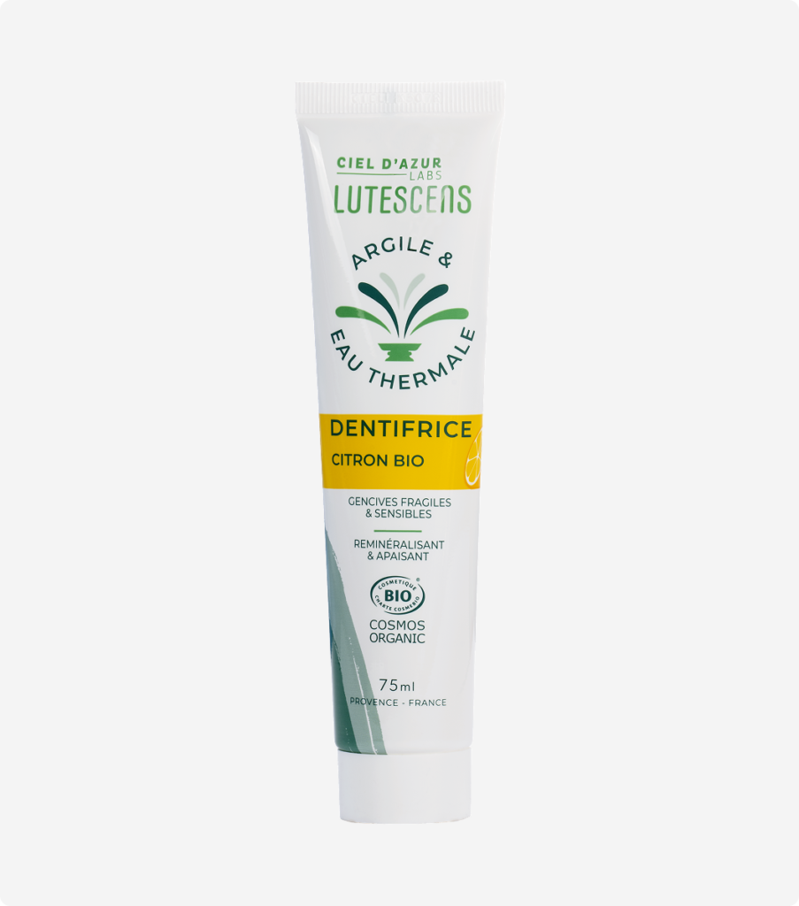zoom du dentifrice parfum citron à l'argile et à l'eau thermale de la marque Lutescens