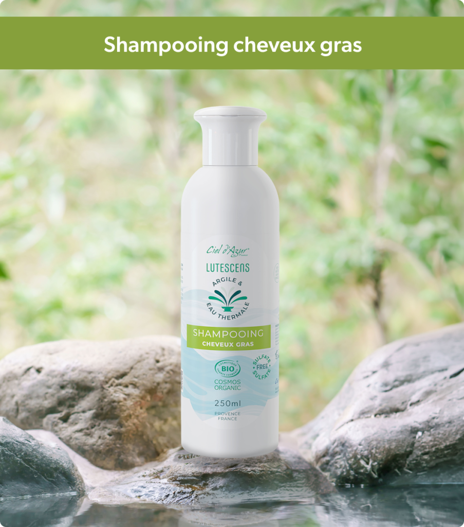 Shampooing pour cheveux gras à l'argile verte et à l'eau thermale de la marque Lutescens.